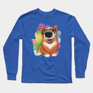 Corgi with sunglasses. Corgi lover. Multicolored watercolor stains Long Sleeve T-Shirt